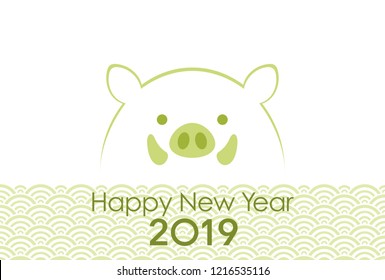 2019, year of the wild boar, New Year’s card template. Vector illustration. 