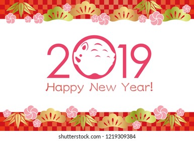 2019, year of the wild boar, New Year’s card.  Vector illustration..
