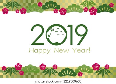 2019, year of the wild boar, New Year’s card.  Vector illustration..