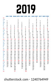 2019 Year Yearly Planner Calendar isolated on a white background. Vector illustration
