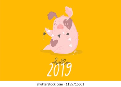 2019 Year of the yellow pig. Card with symbol of new year in the Chinese calendar. Cute card. Pig illustration isolated on white. Vector illustration EPS 10