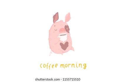 2019 Year of the yellow pig. Card with symbol of new year in the Chinese calendar. Cute card. Pig illustration isolated on white. Vector illustration EPS 10
