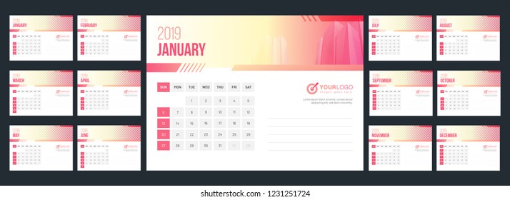 2019 yearly calendar design with space for your image.