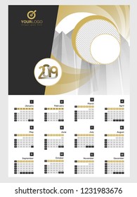 2019 yearly wall calendar design with place for your image, complete set of 12 months.