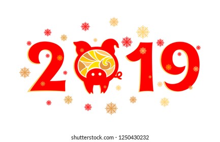 2019 with the yellow pig on the spot of 0, and a happy new year and snowflakes isolated image of a red-and-yellow flowers. vector eps 10