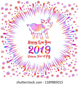 2019 Zodiac Rainbow Pig. happy new year 2019 vector chinese calendar art