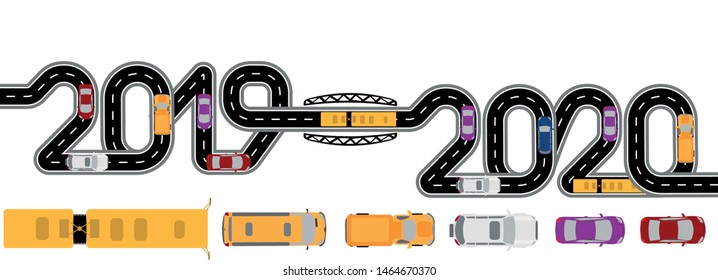 2019-2020 new year. Cars, minivans, buses and trucks. The road with markings stylized inscription. Vector illustration