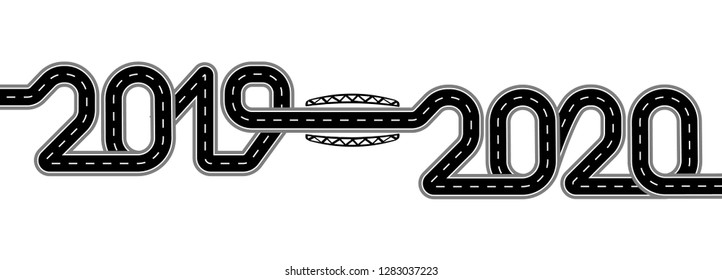 2019-2020. Symbolizes the transition to the New Year. The road with markings is stylized as an inscription. Isolated Vector illustration