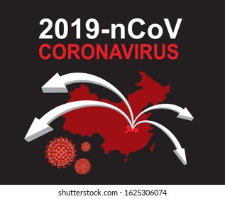 2019-nCoV. Coronavírus respiratório patógeno da China 2019-nCoV. Espalhamento da gripe do mundo, mapa da China, setas, células flutuantes do vírus da gripe. Vírus ncov corona chinês perigoso, alerta de risco de pandemia de SARS