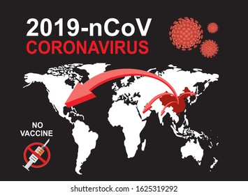 2019-nCoV. China pathogen respiratory coronavirus 2019-nCoV   in a world, China map, arrows, floating influenza virus cells. Dangerous chinese nCoV coronavirus, SARS pandemic risk alert.