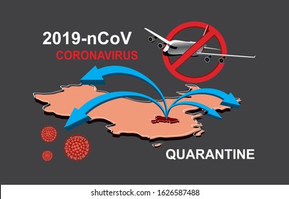 2019-nCoV. China pathogen respiratory coronavirus 2019-nCoV. Flu spreading of world, China map, arrows, floating influenza virus cells. Dangerous chinese ncov corona virus, SARS pandemic risk alert