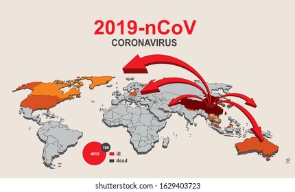 2019-nCoV. China pathogen respiratory coronavirus 2019-nCoV. Flu spreading of world, World map, arrows, floating influenza virus cells. Dangerous chinese ncov corona virus, SARS pandemic risk alert