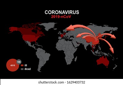 2019-nCoV. China pathogen respiratory coronavirus 2019-nCoV. Flu spreading of world, World map, arrows, floating influenza virus cells. Dangerous chinese ncov corona virus, SARS pandemic risk alert