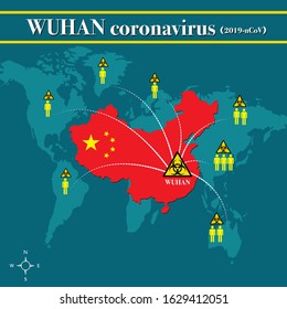 2019-nCoV. China pathogen respiratory coronavirus 2019-nCoV. Flu spreading of world, China map, arrows, floating influenza virus cells. Dangerous china nCoV corona virus.