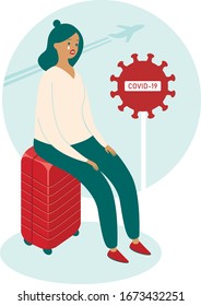 COVID-19  2019-nCoV concept. closing the country borders during coronavirus outbreak.  Upset woman sitting on her suitcase. Vector illustration