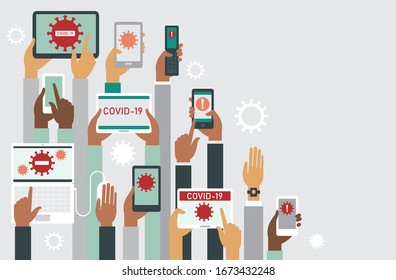 COVID-19  2019-nCoV concept. Human hands holding various smart devices with coronavirus alerts on their screens. flat vector illustration  