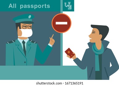 covid-19  2019-nCoV concept. country border lockdown during coronavirus outbreak.  immigration officer checking passport flat vector illustration