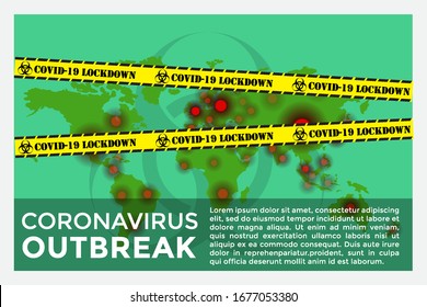 2019-ncov corona virus global pandemic outbreak concept. World map with red hotspots with biohazard sign and COVID-19 lockdown label across. EPS 10 vector.