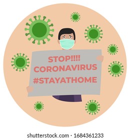 2019-nCoV Coronavirus prevention with staying at home campaign vector illustration. Protection and prevention ways to stop corona COVID-19 pandemic virus warning symbol.