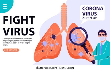2019-nCoV Coronavirus spread of the virus. Doctor with magnifier detects lung virus and treating the lungs infected by coronavirus. Healthcare vector landing page, website and banner illustration.