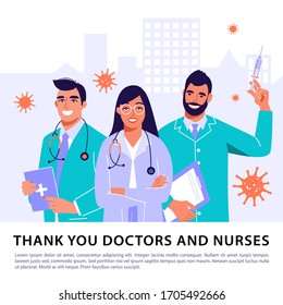 2019-nCoV Coronavirus spread of the virus. Team of professional doctors. Thank you doctors and nurses message. Vector banner illustration.