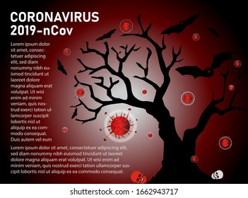 2019-ncov coronavirus, Spreading virus cells  and tree of death with ghost skulls and bats in scene halloween