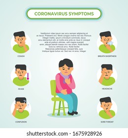 2019-nCoV Coronavirus Symptoms. with infected people vector illustration. such us Cough, Fever, Sneeze, Headache, breathing etc. Symptoms of coronavirus