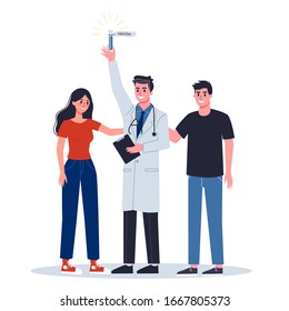 2019-nCoV, coronovirus alert. Research and development on a preventive vaccine. Doctor holding a vaccine formula. Isolated vector illustration in cartoon style