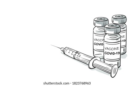 2019-ncov Covid-19 Coronavirus vaccine vials medicine bottles syringe vector drawing. Hand drawn drug ampoules for injection isolated. Fight against coronavirus. Vaccination, immunization, treatment