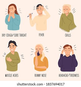 2019-nCoV covid-19 symptoms. Set of sick young man and infected woman. Vector hand drawn illustration. 