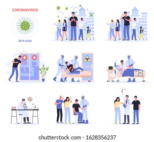 2019-nCoV covid-19 symptoms and spreading and treatmen. Coronovirus alert. Research and development on a preventive vaccine. Set of isolated vector illustration in cartoon style