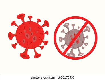 2019-nCoV, Covid-19. Vector concept abstract illustration STOP CORONAVIRUS. Flat outline icons of a virus and a stop sign (crossed out), coronavirus sing isolated on white background