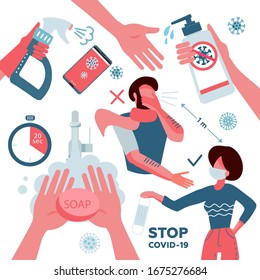 2019-nCoV covid-19 virus protection elements set. Coronovirus alert. Hand washing, phone disinfection, distance, mask. Prevention infographics. Collection of vector illustration in cartoon flat style