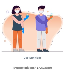 2019-nCoV covid-19 virus protection tips, Coronovirus alert, vector illustration in cartoon style, use sanitizer and gloves