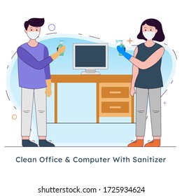 2019-nCoV covid-19 virus protection tips, Coronovirus alert, vector illustration in cartoon style clean office desk computer with sanitizer