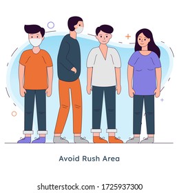 2019-nCoV covid-19 virus protection tips, Coronovirus alert, vector illustration in cartoon style, Avoid rush areas use mask or face cover