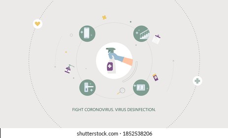 2019-nCoV covid-19 virus protection tips. Coronovirus alert. Set of flat vector illustration. What items to disinfect - door handle, stairs, telephone, switch. Sanitizer in hand