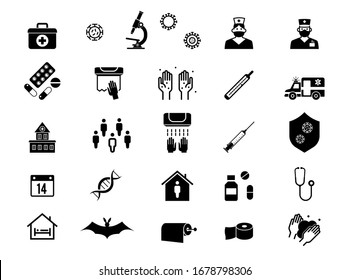 2019-nCoV Novel Bacteria. Stop coronavirus. Coronavirus outbreak. Pandemic medical concept. China battles. No Infection. Set of medical icons, symbols. Black-white silhouette. To wash hands. Vector.