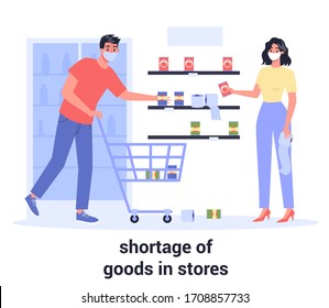 2019-nCoV, pandemic global impact. Coronavirus panic shopping. Shortage of goods in stores. Terrified people with carts buying all groceries. Isolated flat vector illustration
