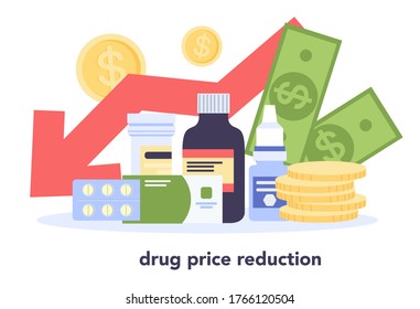 2019-nCoV, Pandemic Global Impact. Drugs Price Decrease After Coronavirus. Healthcare Expense, Medicine Cost Stability. Isolated Flat Vector Illustration