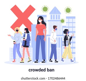 2019-nCoV, pandemic global impact. Quarantine in the city. Crowded place bun. Men and women in protective medical masks. Isolated flat vector illustration