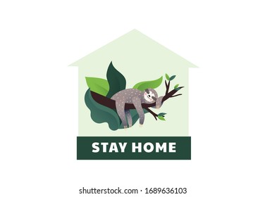 2019-ncov quarantine. Lazy sloth sleeping. Lockdown at home. Coronavirus panic. Isolated people vector illustration.