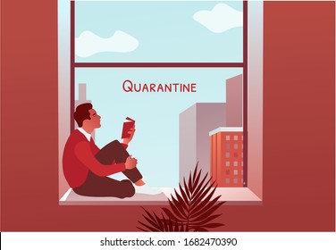 2019-ncov quarantine. Man reading book near the window. Lockdown at home. Remote work concept. Stay at home. Coronavirus panic. Isolated sick person vector illustration.