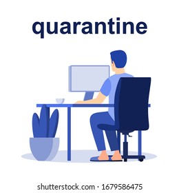 2019-ncov quarantine. Men working at home.  Remote work concept. Stay at home type. Coronavirus panic. Isolated person vector illustration. Freelance. Flat vector