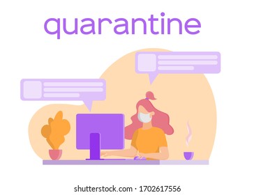 2019-ncov quarantine. People working at home. Remote work concept. Stay at home type. Coronavirus panic. Isolated person vector illustration. Freelance. Flat vector