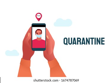 2019-ncov quarantine. Sad man in protective mask on phone screen. Remote work concept. Coronavirus panic. Lovers apart. Isolated sick person vector illustration.