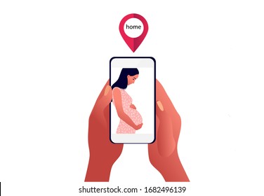 2019-ncov quarantine. Sad pregnant woman on phone screen. Family apart. Coronavirus panic. Lovers apart. Isolated sick person vector illustration.