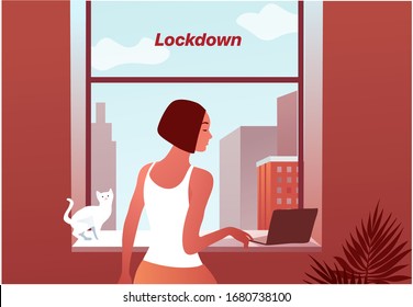 2019-ncov quarantine. Sad woman near the window. Lockdown at home type. Laptop. Remote work concept. Coronavirus panic. Isolated sick person vector illustration.