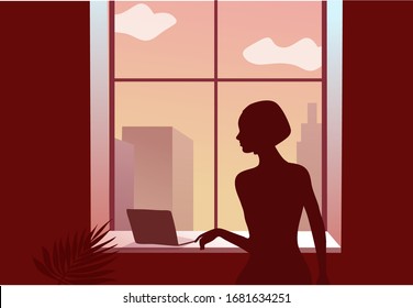 2019-ncov quarantine. Sad woman near the window. Lockdown at home type. Laptop. Remote work concept. Coronavirus panic. Isolated sick person vector illustration.