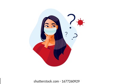 Cuarentena 2019-ncov. Triste mujer con máscara protectora. Chica pensante. Dudas, problemas, pensamientos, emociones. Mujer curiosa interrogando, signo de interrogación. Ilustración vectorial. El pánico del coronavirus. 